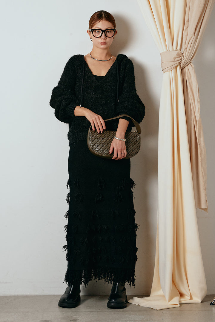 [SET]ブークレキーネックプルオーバー+ポイントフリンジニットナロースカート(2set)