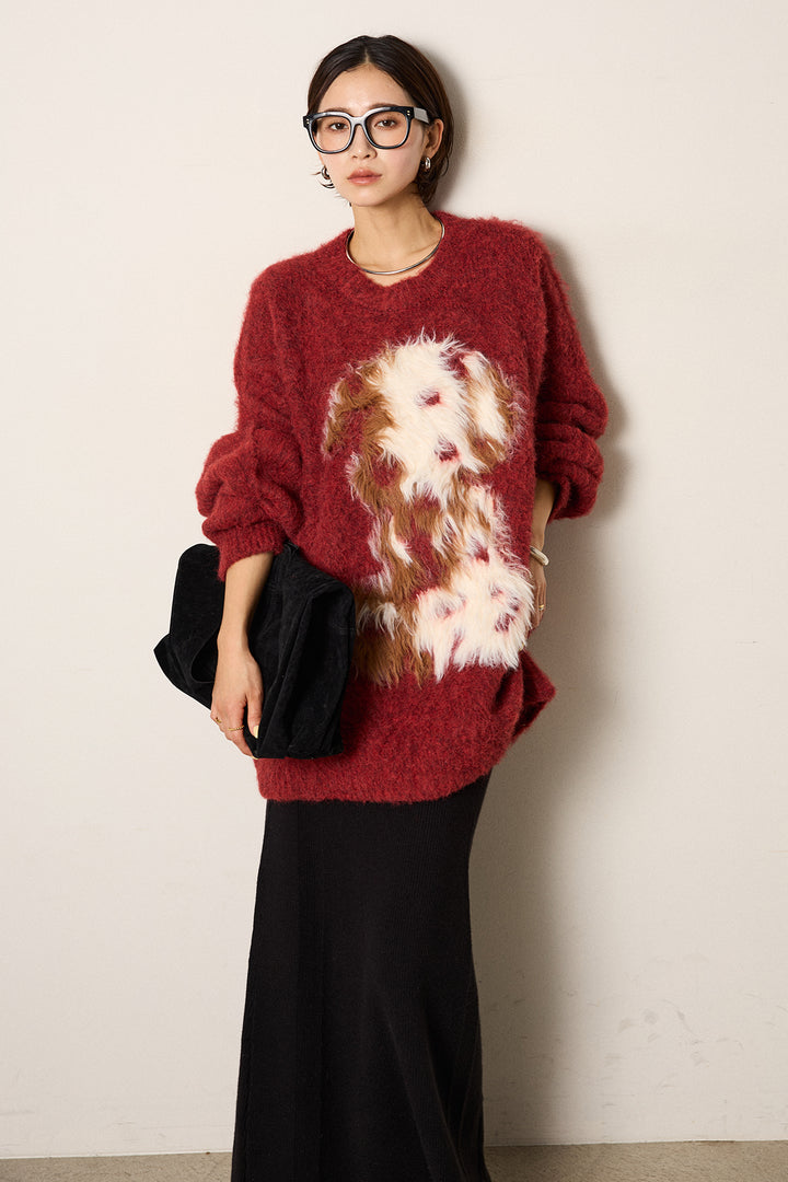 [SET]シャギーニュアンスアニマルニット+リブナローニットスカート(2set)