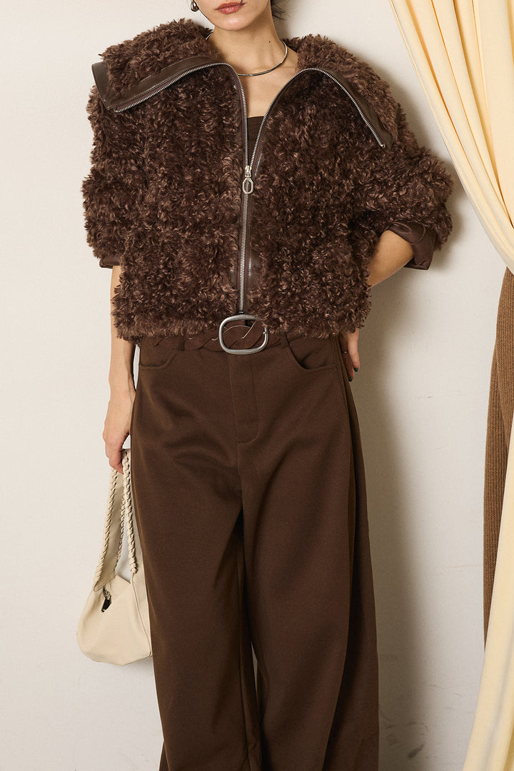 [SET]ビッグカラープードルボアアウター+編みベルト付きワイドパンツ(2set)