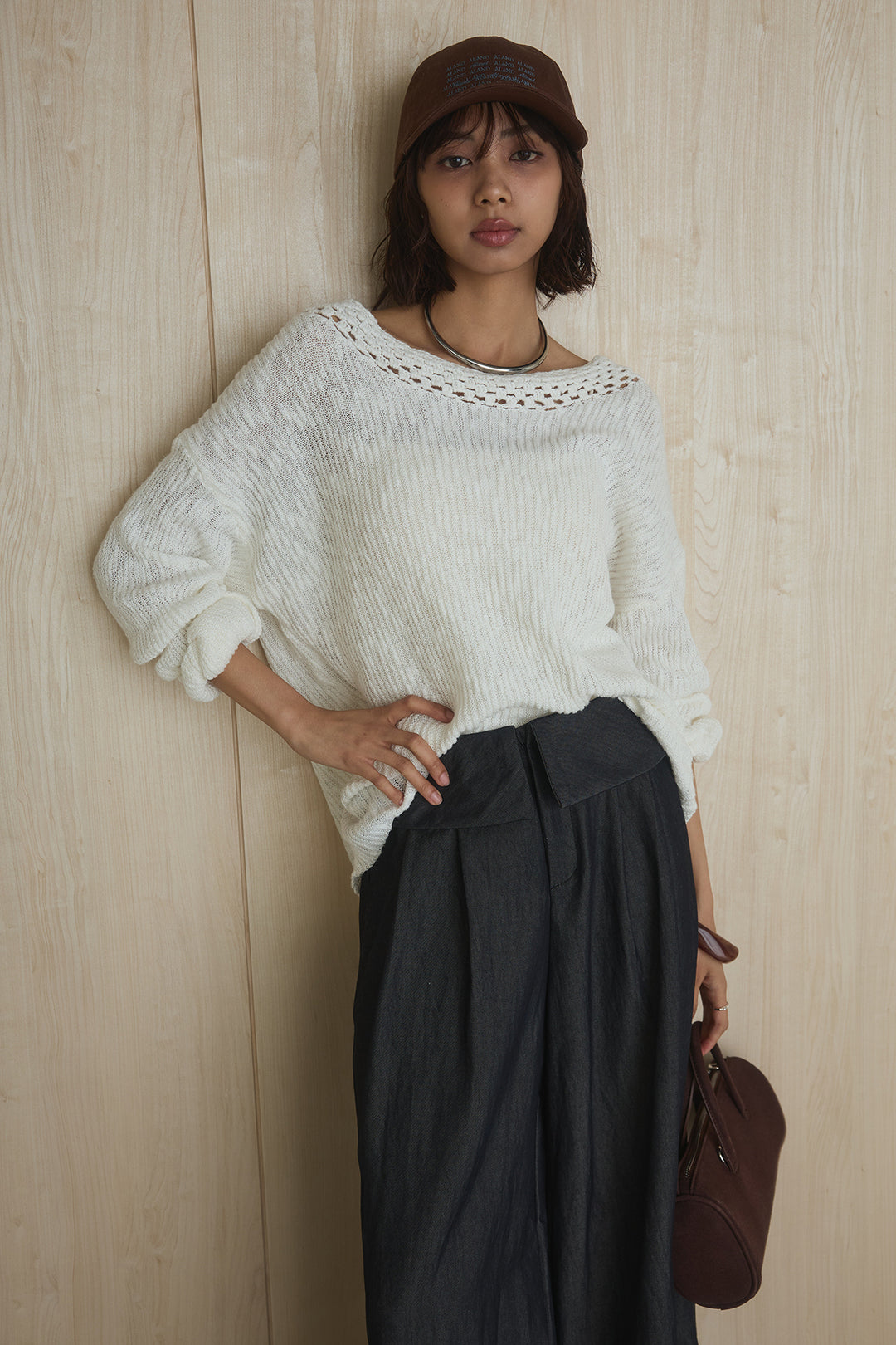 [SET]ネック編みデザインニットトップス+ウエスト折り返しワイドパンツ(2set)