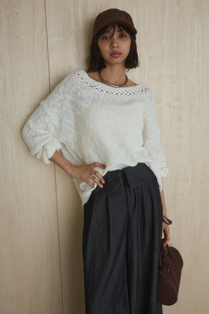 [SET]ネック編みデザインニットトップス+ウエスト折り返しワイドパンツ(2set)