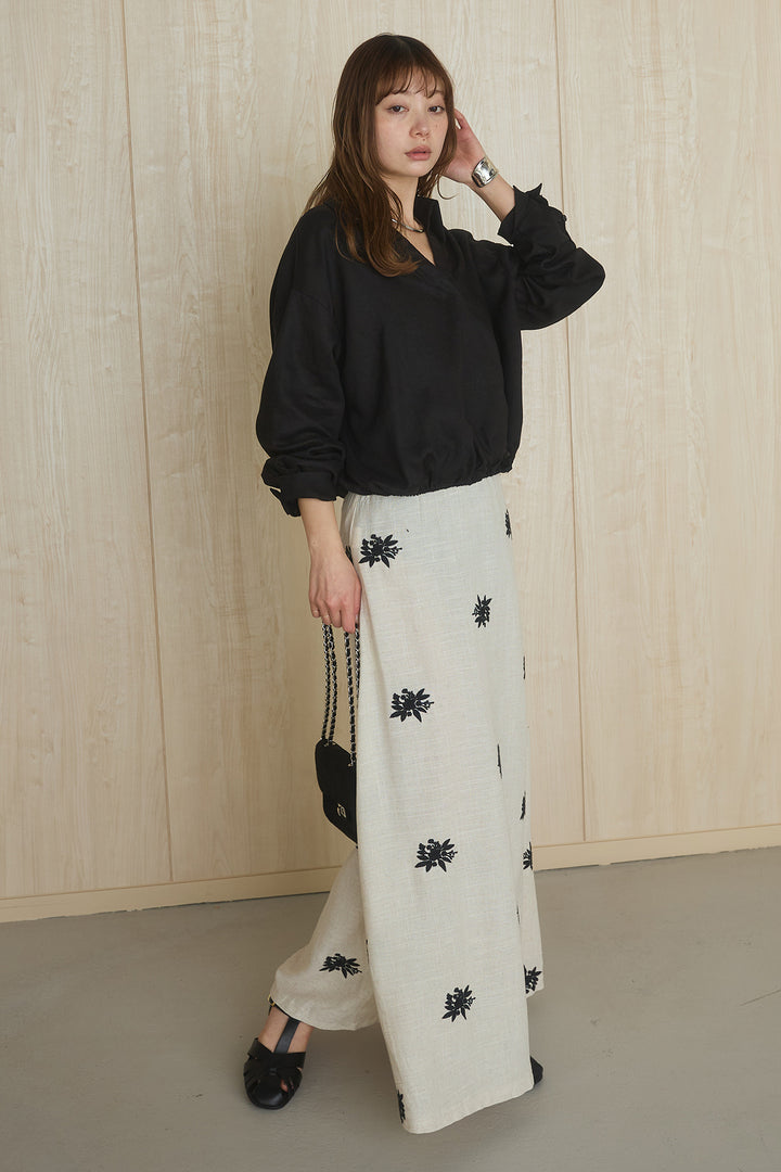 [SET]麻混襟付きトップス+レースコンビフラワー刺繍柄スカート(2set)