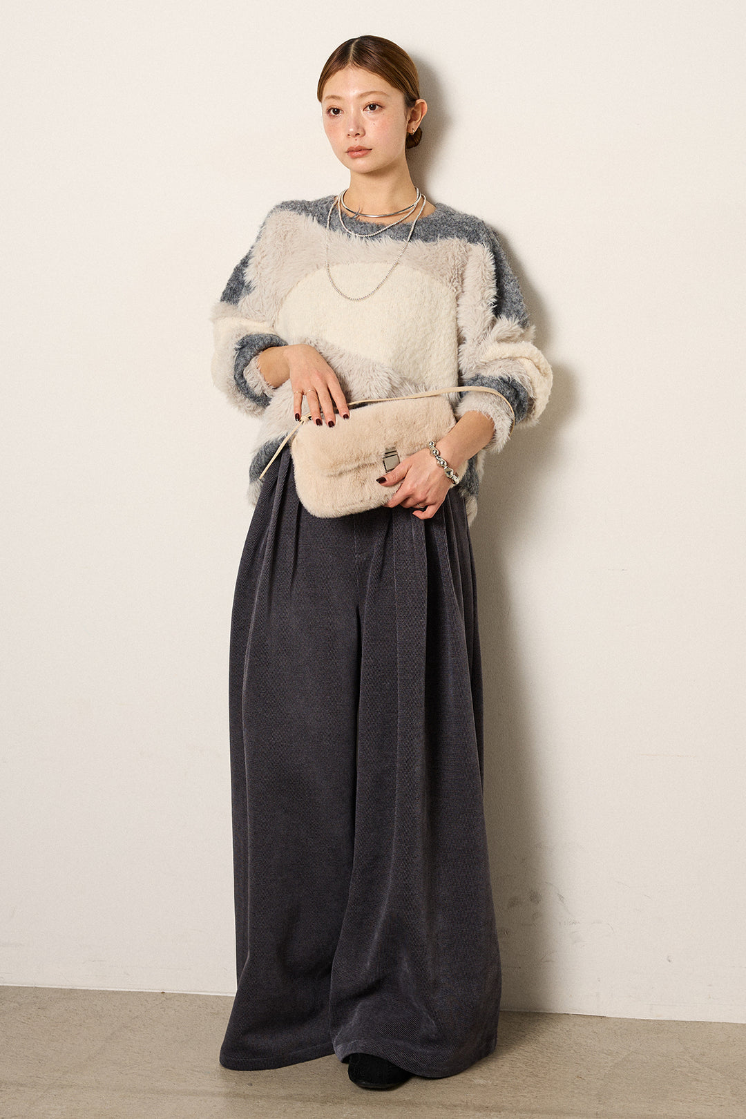 [SET]シャギーウェーブ柄クルーネックニットトップス+ベルトループコーデュロイワイドパンツ(2set)