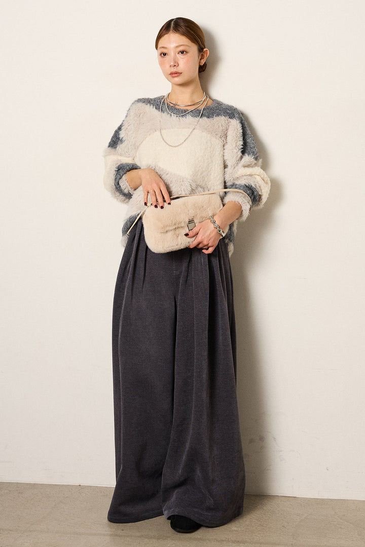 [SET]シャギーウェーブ柄クルーネックニットトップス+ベルトループコーデュロイワイドパンツ(2set)