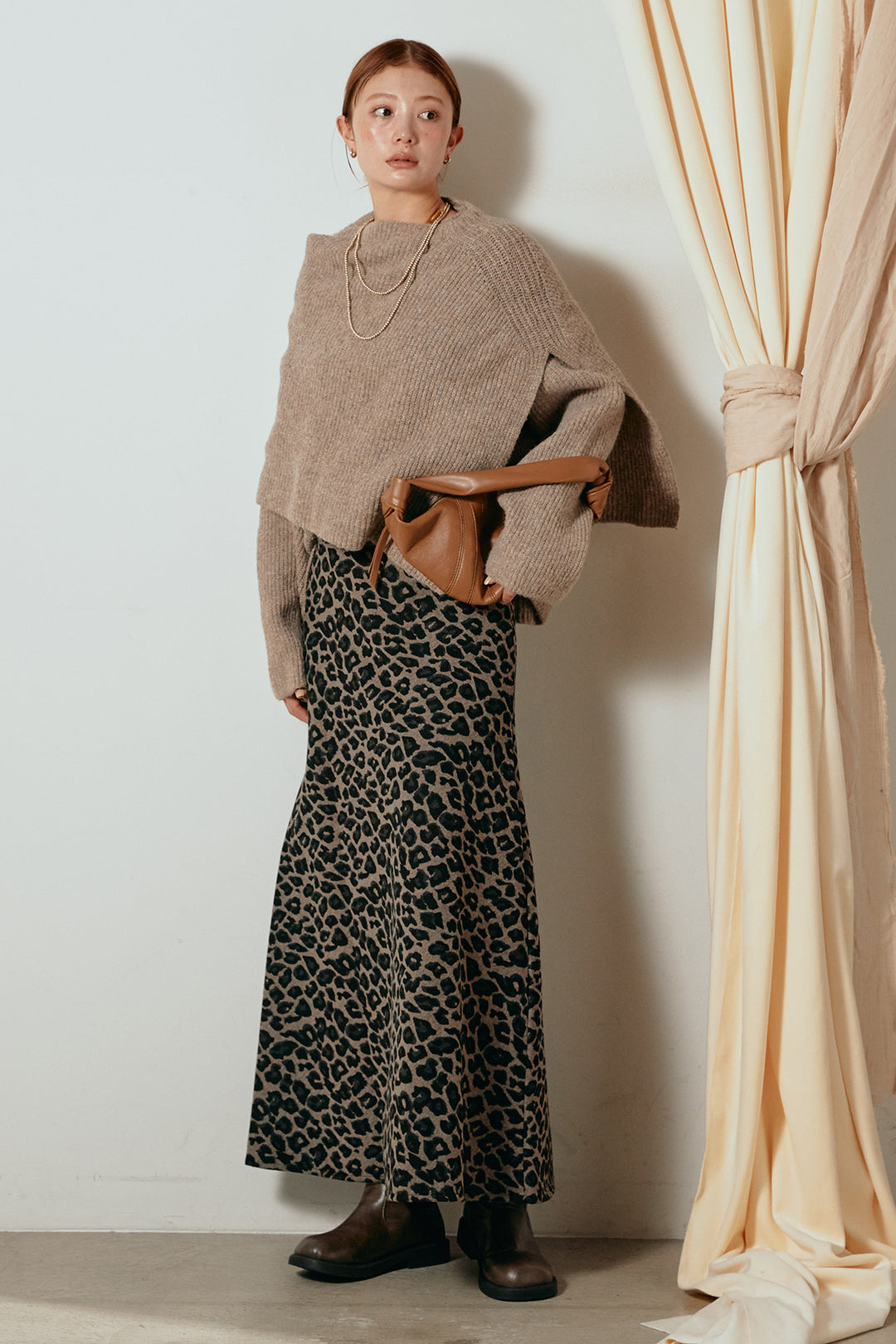 [SET]ケープデザインリブニットトップス+レオパードロングスカート(2set)