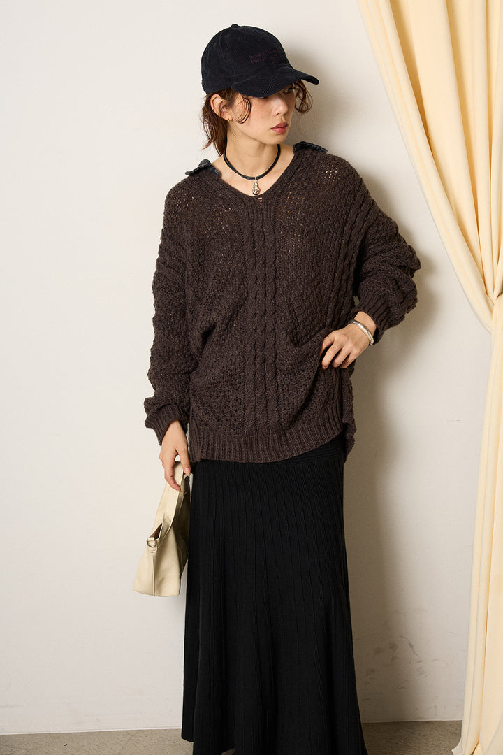 [SET]デニムカラーケーブルオーバーニット+編み地切り替えフレアニットスカート(2set)