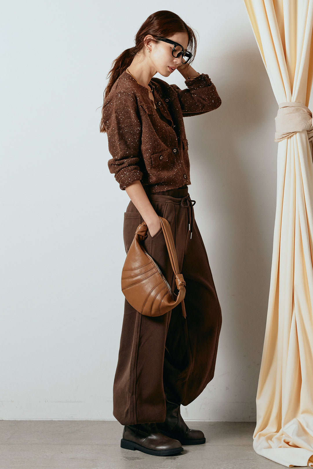 [SET]ネップニットカーディガン+スウェットワイドカーブパンツ(2set)