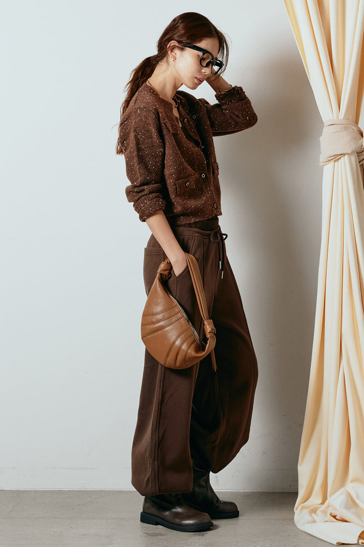 [SET]ネップニットカーディガン+スウェットワイドカーブパンツ(2set)