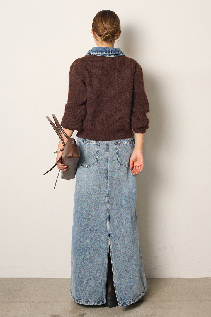 [SET]襟付きデニム切替ニットカーディガン+デニムロングフレアスカート(2set)