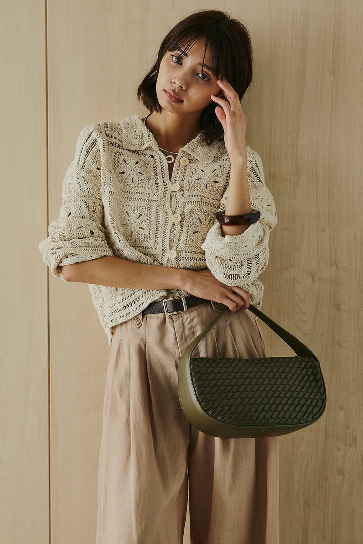 [SET]鍵編みフラワーレースカーディガン+タック入りワイドパンツ(2set)