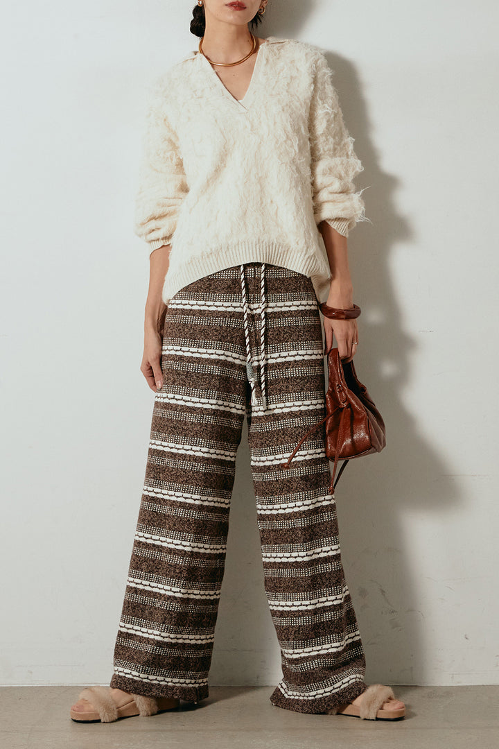 [SET]襟付きシャギーニットポロトップス+マルチライン柄リラックスニットパンツ(2set)