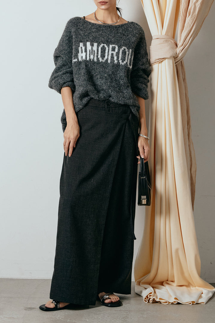 [SET]フロントロゴデザインニットトップス+ラップ巻きワイドスラックス(2set)