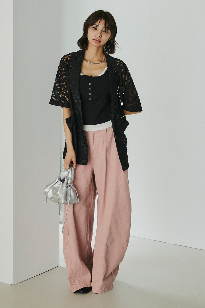 [SET]シアージャガードハーフスリーブテーラードジャケット+サイドベルトカーブワイドパンツ+配色ヘンリーネックタンクトップ(3set)