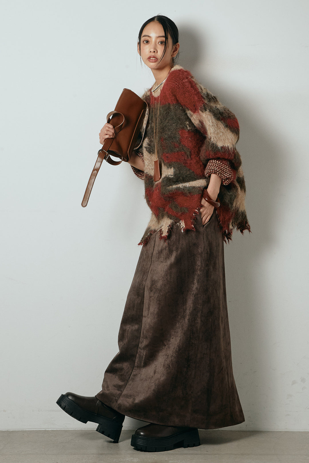 [SET]起毛裾デザインニュアンス柄ニットトップス+エコスウェードワイドスカート(2set)