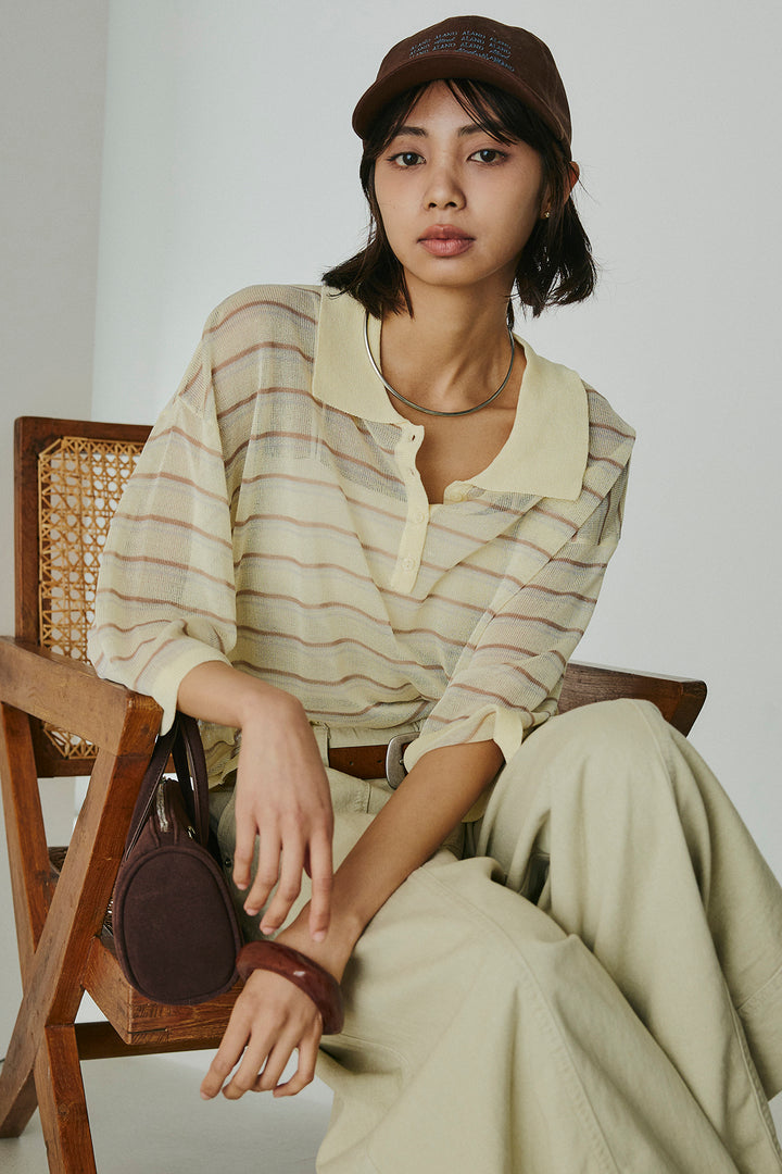 [SET]ボーダーニットポロシャツ+サイドベルトカーブワイドパンツ(2set)