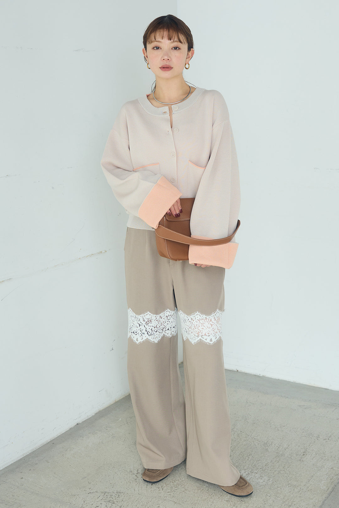 [SET]レーヨンポリダブルフェイスカーディガン+レース刺繍切替ワイドパンツ(2set)