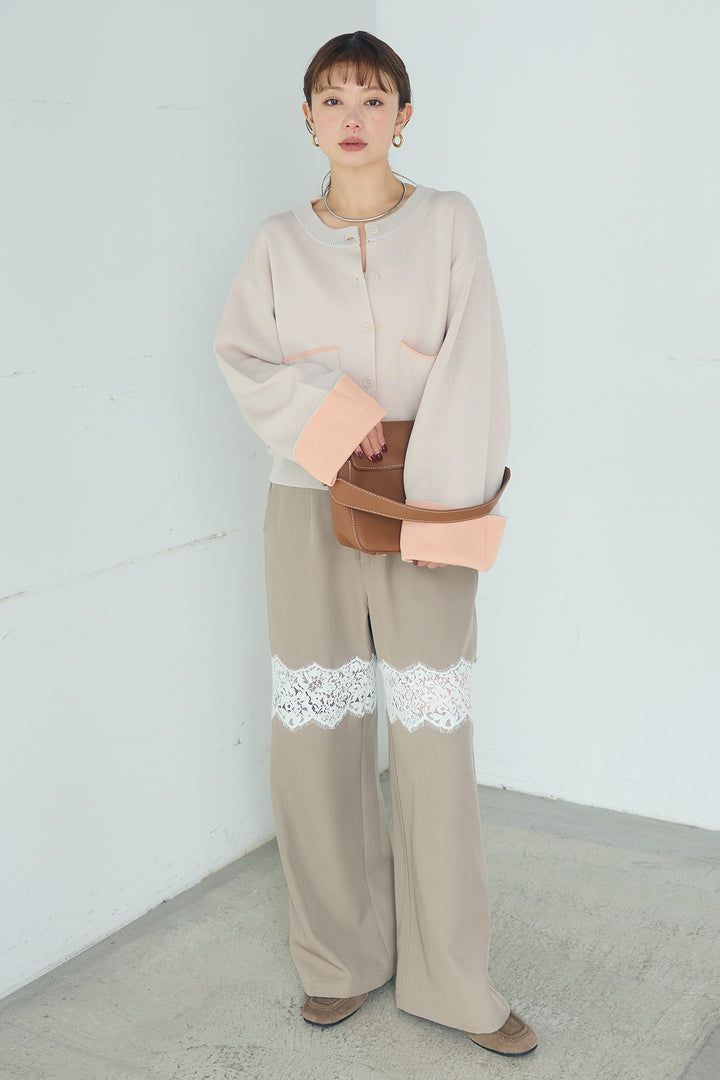 [SET]レーヨンポリダブルフェイスカーディガン+レース刺繍切替ワイドパンツ(2set)