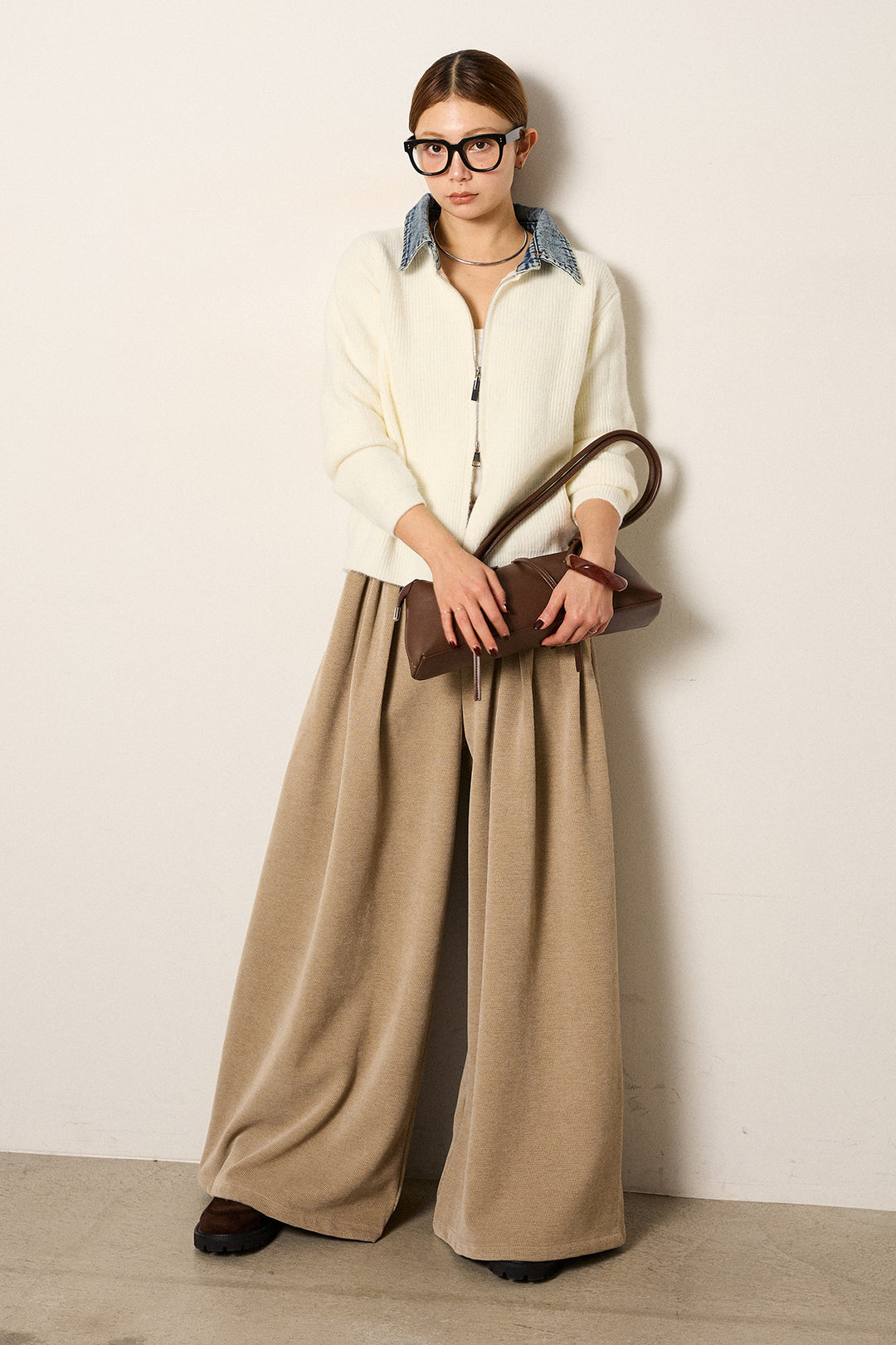 [SET]デニム襟ダブルジップニットトップス+ベルトループコーデュロイワイドパンツ(2set)