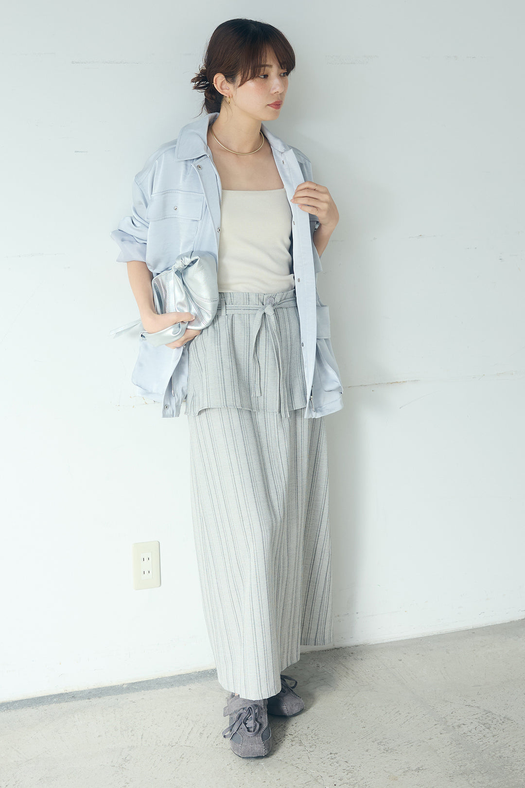 [SET]サテンライトブルゾン+ラップ巻きピンストライプワイドスカート(2set)