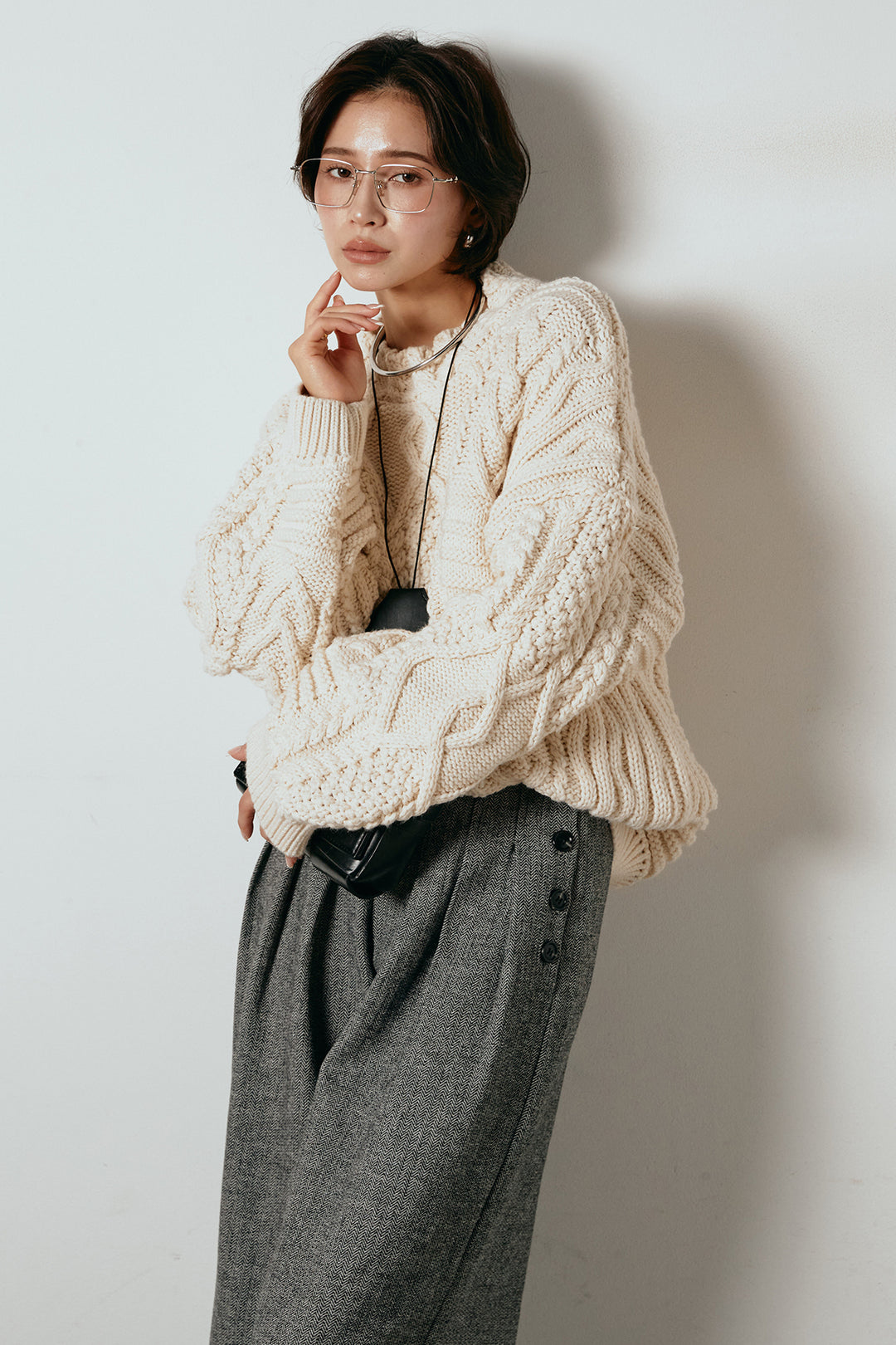 [SET]アラン柄ミックスケーブルニット+サイドボタンツイードタックパンツ(2set)