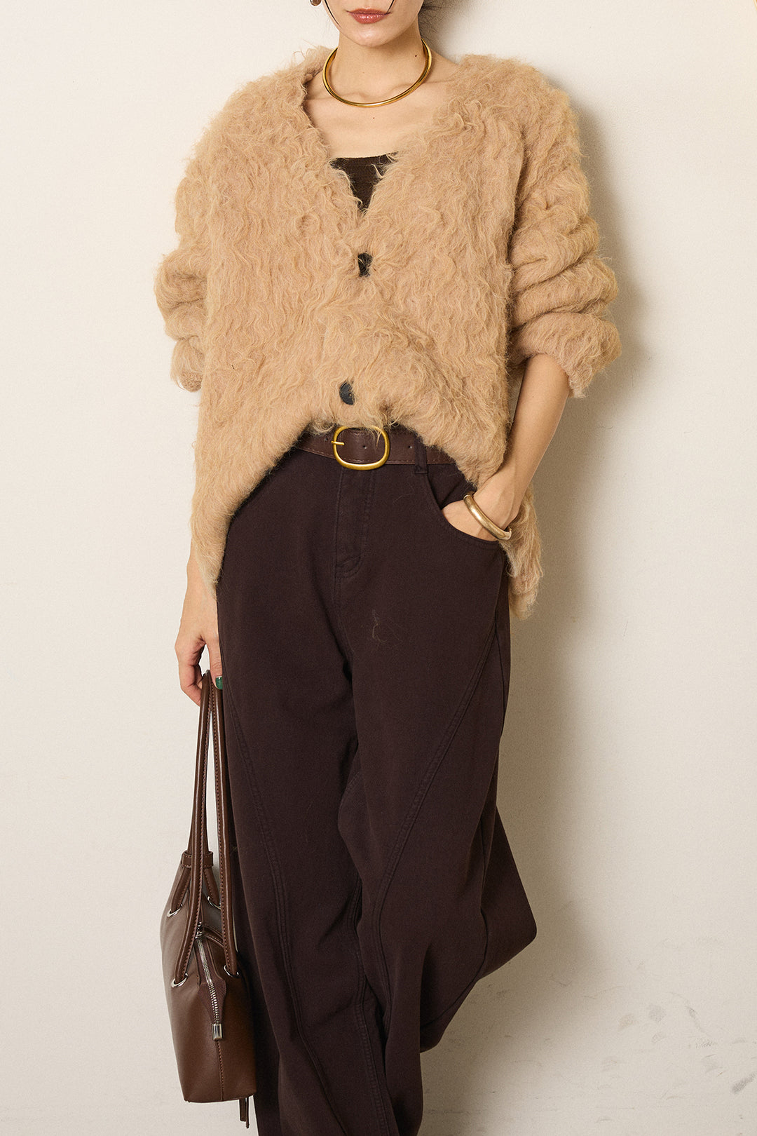 [SET]起毛シャギーニットカーディガン+ベルト付きカジュアルカーブワイドパンツ(2set)