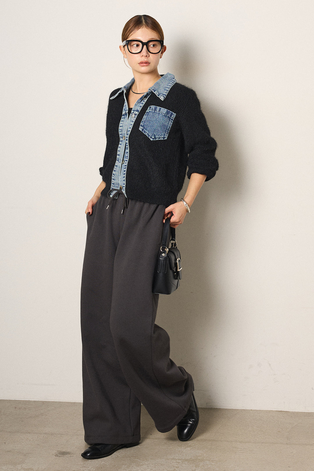 [SET]襟付きデニム切替ニットカーディガン+裏起毛スウェットワイドパンツ(2set)