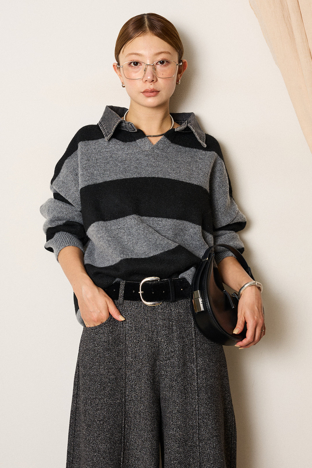 [SET]デニムカラーボーダールーズニット+太ベルト付きツイードワイドパンツ(2set)