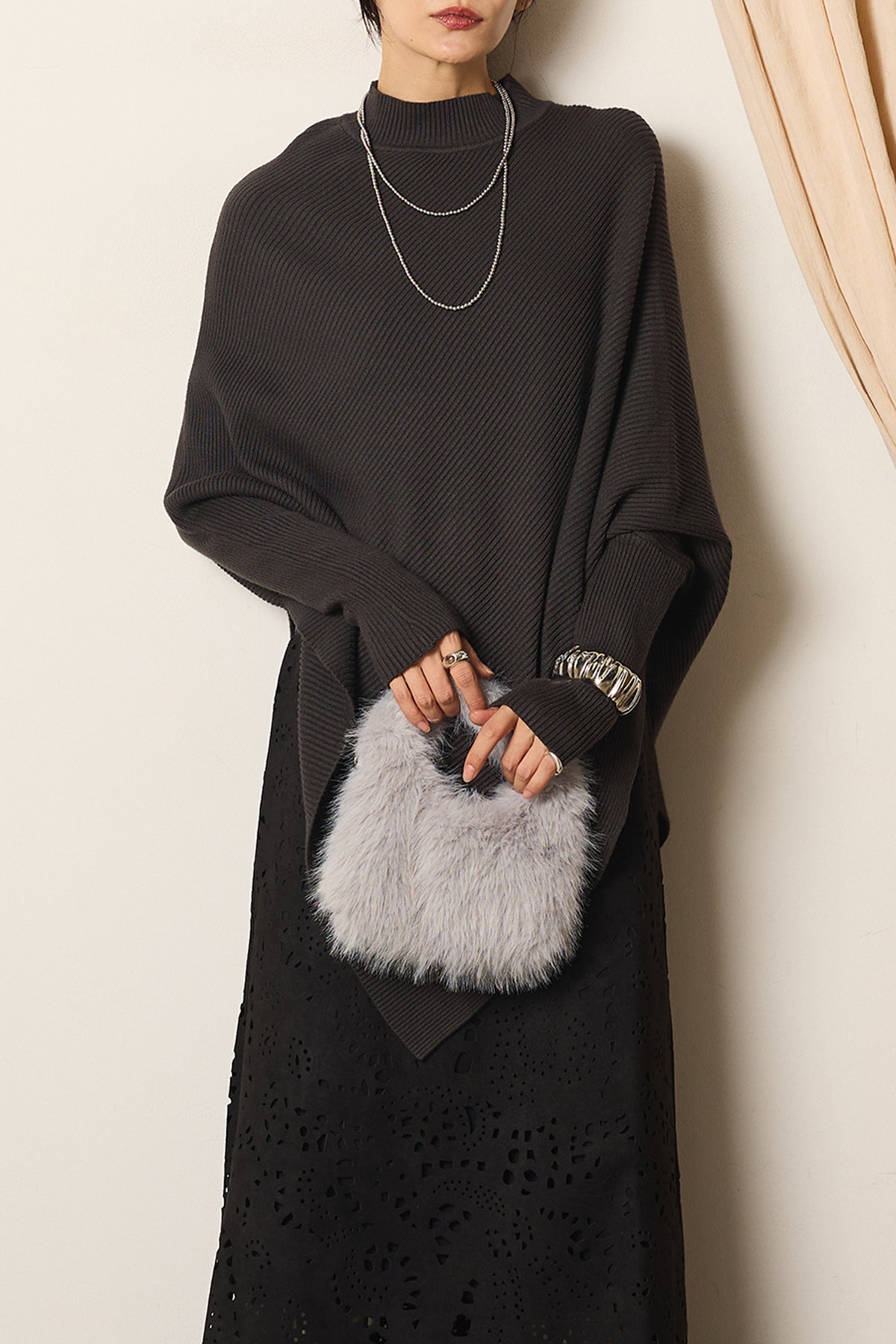 SET]裾アシメデザインニットトップス+ランダム柄ワイドスカート