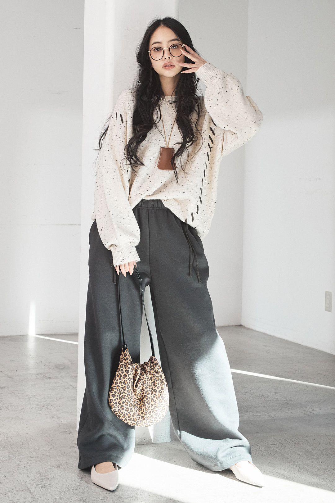 [SET]ネップ編み上げニットトップス+裏起毛スウェットワイドパンツ(2set)