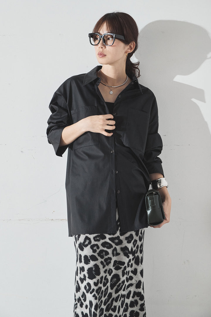 [SET]ウォッシャブルエコレザービックカフスシャツ+レオパードサテンナロースカート(2set)