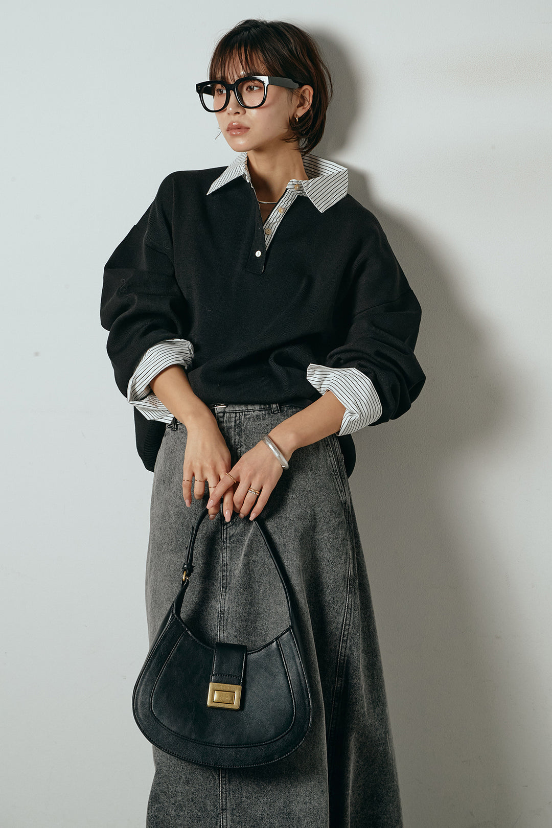 [SET]ストライプシャツドッキングポロトップス+デニムロングフレアスカート(2set)