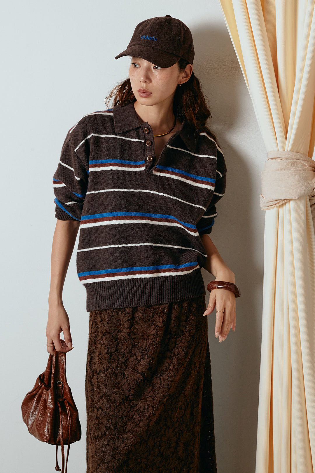 [SET]襟付きマルチボーダーニットポロトップス+花柄刺繍ベロアフレアスカート(2set)