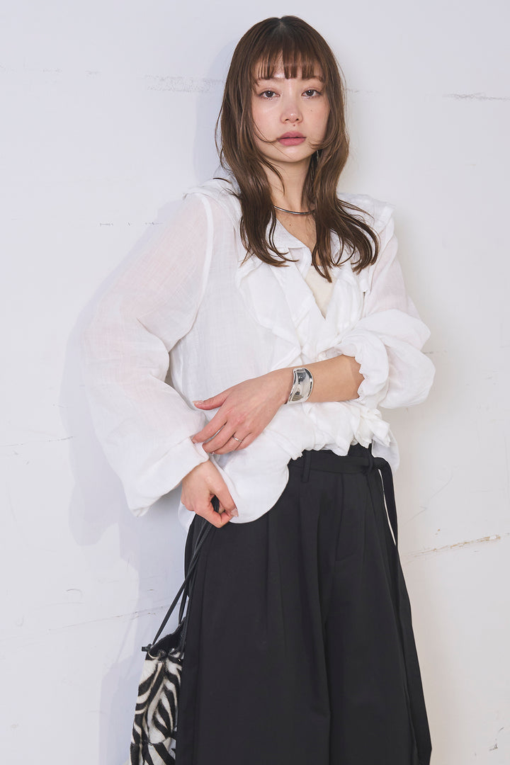 [SET]フリルボタンブラウス+紐ベルト付きカーブワイドパンツ(2set)