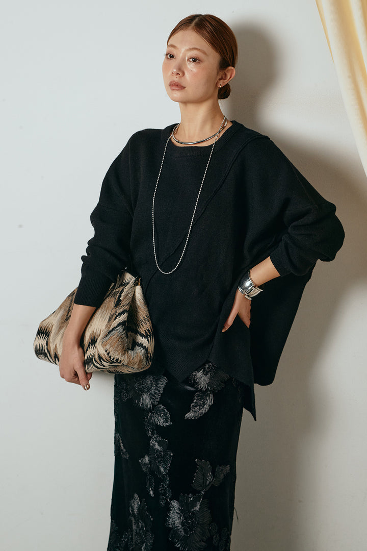 [SET]アシンメトリーデザインニットトップス+フラワー刺繍ワイドスカート(2set)