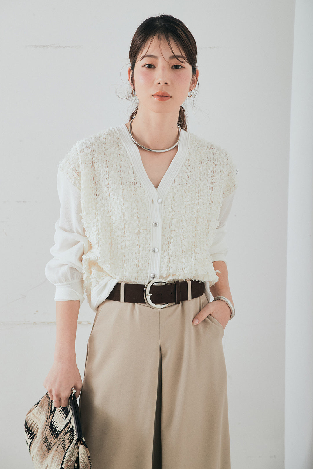 [SET]モコレースVネックカーディガン+太ベルト付きフロントタックパンツ(2set)
