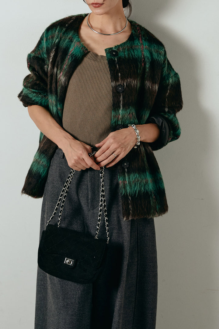 [SET]ノーカラーシャギーチェックアウター+ポーチベルト付きカーブパンツ(2set)