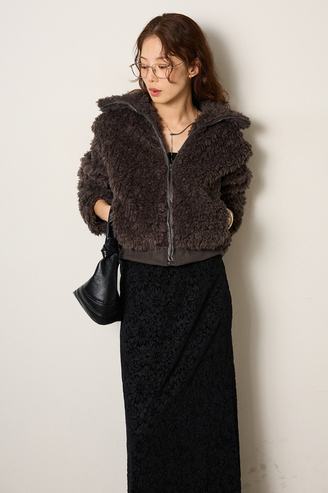 [SET]スタンドカラー裾リブボアブルゾン+花柄刺繍ベロアフレアスカート(2set)