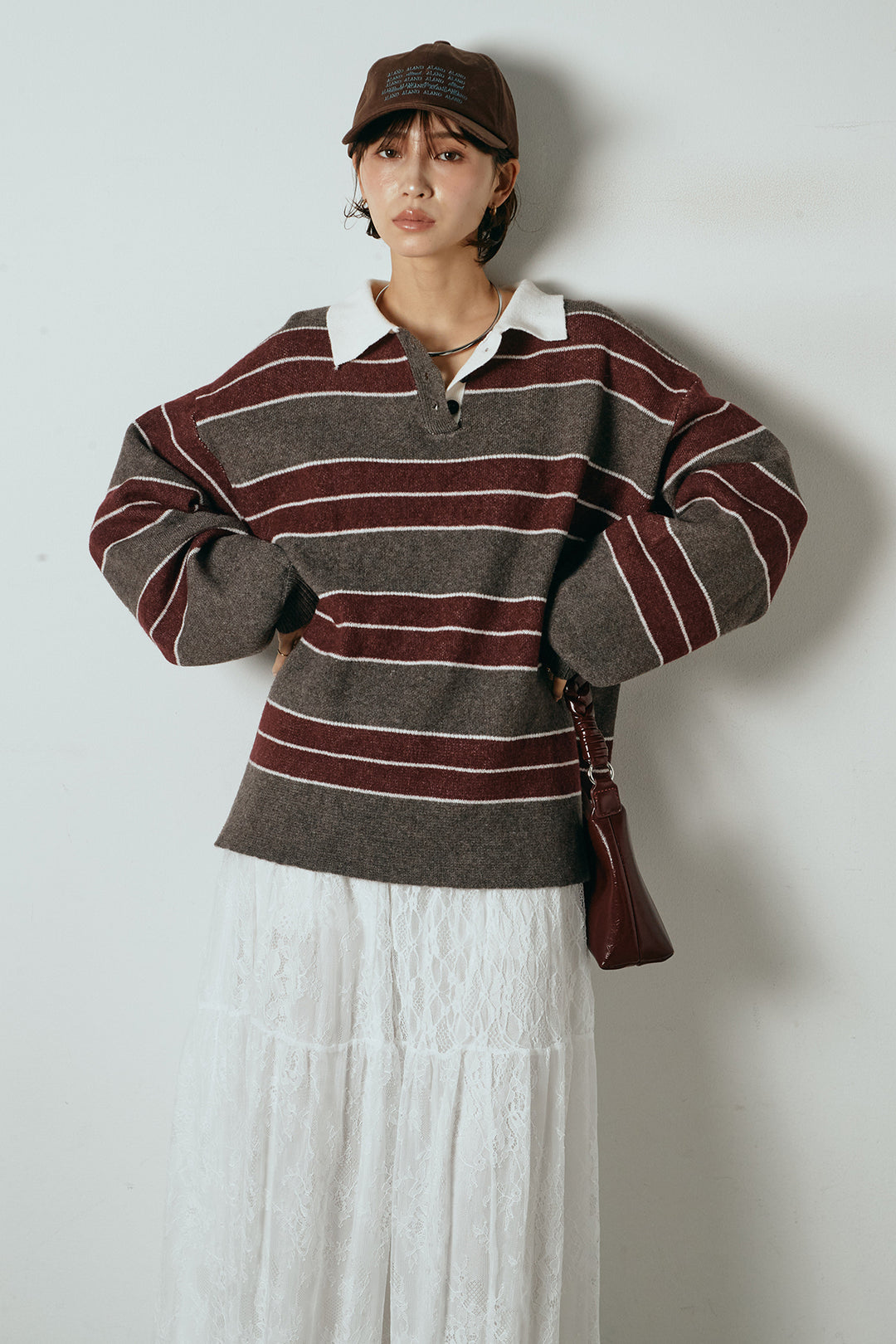 [SET]ラガーニットボーダーポロプルオーバー+ひげレース切替ロング丈スカート(2set)