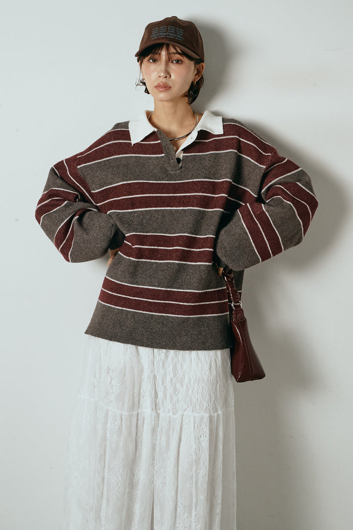 [SET]ラガーニットボーダーポロプルオーバー+ひげレース切替ロング丈スカート(2set)