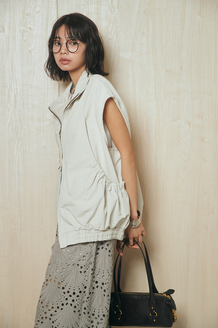 [SET]ショルダー切替スタンドネックジップベスト+レース刺繍リラックスパンツ(2set)