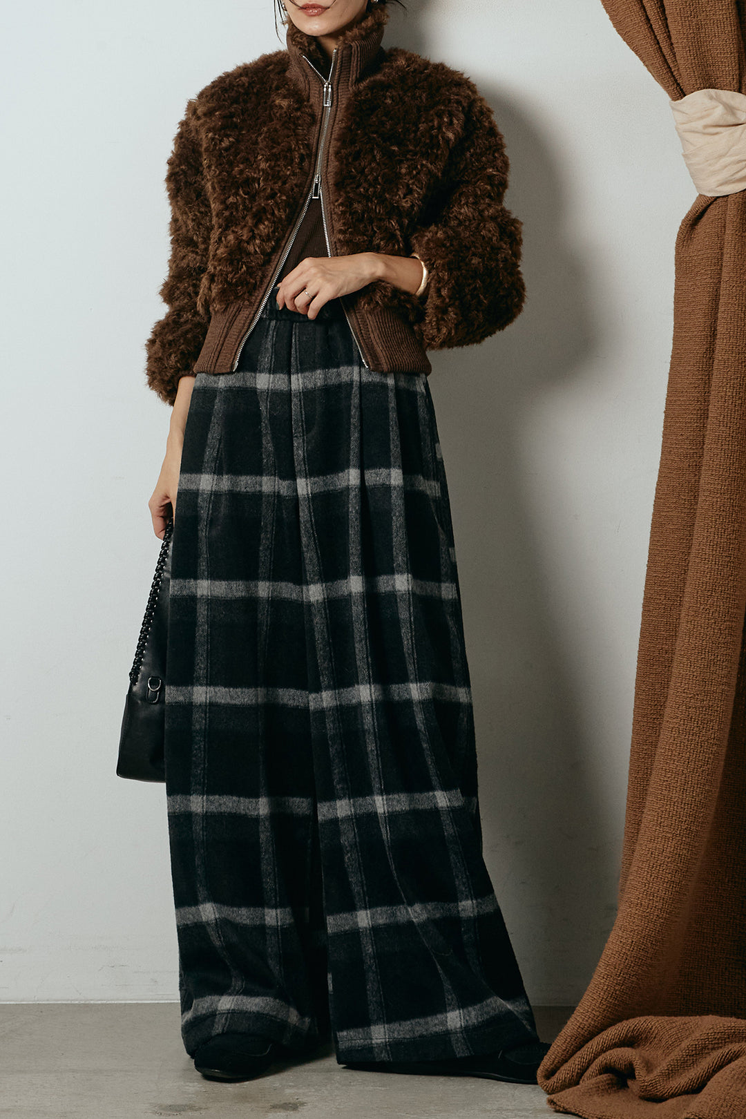 [SET]ハイネックショート丈ボアジップブルゾン+起毛タータンチェック柄ワイドパンツ(2set)