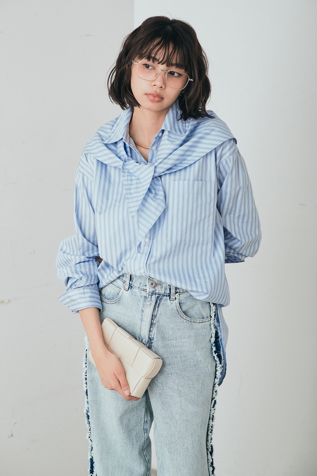 [SET]ランダムストライプスカーフ付きシャツ+デニムサイドフリルパンツ(2set)