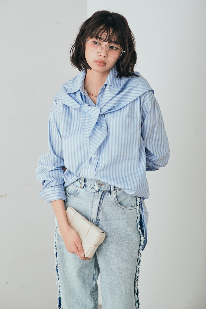 [SET]ランダムストライプスカーフ付きシャツ+デニムサイドフリルパンツ(2set)