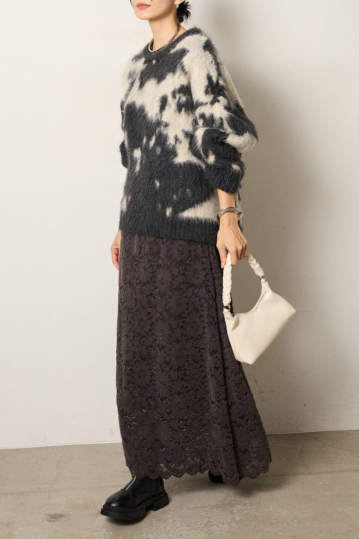 [SET]モヘアタッチマーブルニット+花柄刺繍ベロアフレアスカート(2set)