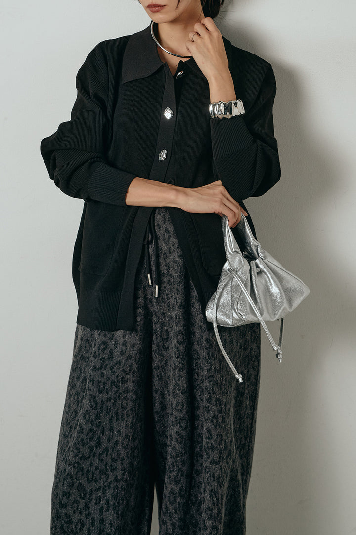 [SET]メタル釦衿付きニットカーディガン+リラックスレオパード柄ワイドパンツ(2set)