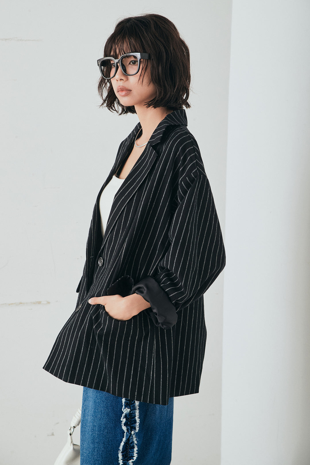 [SET]リネンライクストライプテーラードジャケット+デニムサイドフリルパンツ(2set)