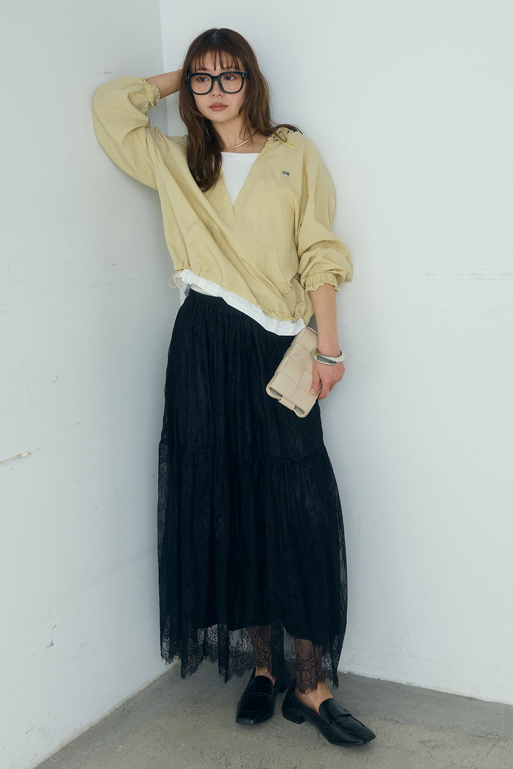 [SET]レイヤードデザインフーディートップス+ひげレース切替ロング丈スカート(2set)