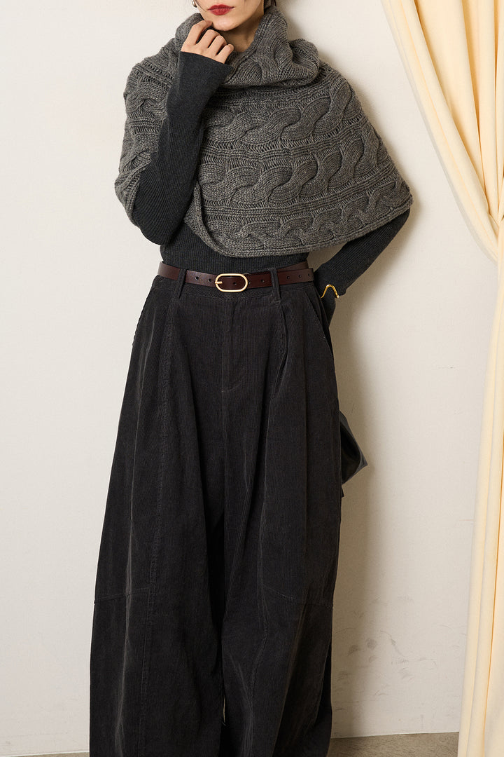 [SET]ケーブル編みケープレイヤードニット+タック入りコーデュロイワイドパンツ(2set)