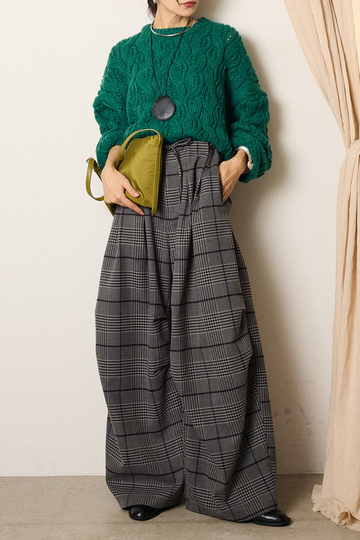 [SET]ケーブルリラックスショートニット+グレンチェックルーズタックパンツ(2set)