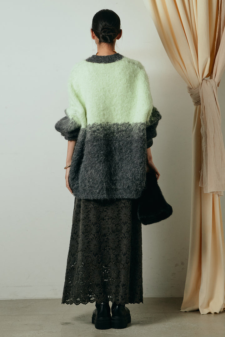 [SET]起毛グラデーションニットカーディガン+花柄刺繍ベロアフレアスカート(2set)